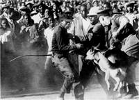 Police controlling crowds at a football game in Soweto