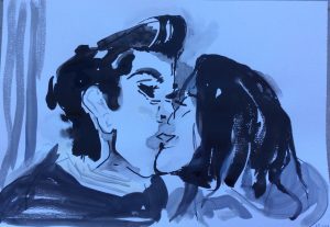 Lady $kollie <i>Asher and Gabriella making out while wearing fur and an Elvis cut</i>, December 2014. Watercolours and paint marker on Fabriano