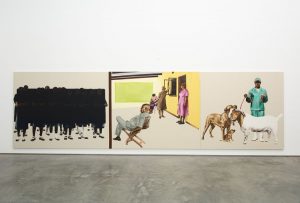 Meleko Mokgosi, <i>Fully Belly II</i>, 2014. Oil and charcoal on canvas, 3 panels: 90 x 114 inches, 90 x 108 inches, 90 x 84 inches. MEM14.001, Jack Shainman Gallery, New York