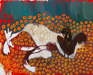 Portia Zvavahera <i>I Can Feel It in My Eyes [2]</i>, 2015. Oil-based printing ink and oil bar on canvas. 161 x 200cm Courtesy of Stevenson