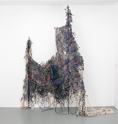 Igshaan Adams ( in collaboration with Kyle Morland), Standpunt, 2016. Woven nylon rope, string and mild steel; approx. 245 x 230 x 60 cm