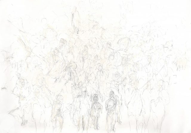 Liz Crossley, "We are dust in the wind." Yezidis - Expulsion and Flight, 2014-2016. Charcoal, 150 x 220 cm