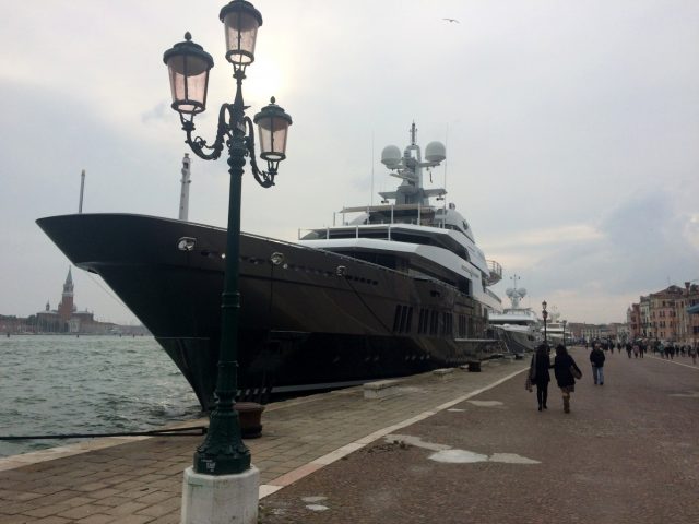 One of the super-yachts lined up on the Riva dei Sette Martiri, on the way to the Giardini.